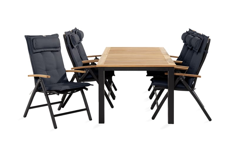 Las Vegas Spisebordssæt 90x152-210 + 6 stole med hynder, Sort / teak / grå