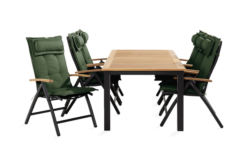 Las Vegas Spisebordssæt 90x152-210 + 6 stole med hynder - Sort / teak / grøn - Havesæt