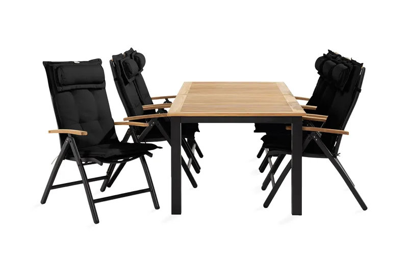Las Vegas Spisebordssæt 90x152-210 + 6 stole med hynder, Sort / teak