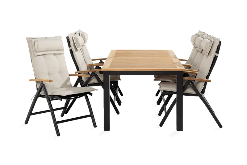 Las Vegas Spisebordssæt 90x152-210 + 6 stole med hynder, Sort / teak / offwhite