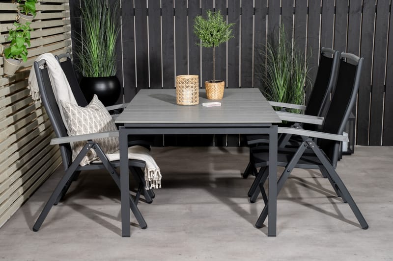 Levels Udvideligt Spisebordssæt 160cm + 4 Albany Stole - Sort/Grå - Havemøbler - Udendørsgruppe - Havesæt