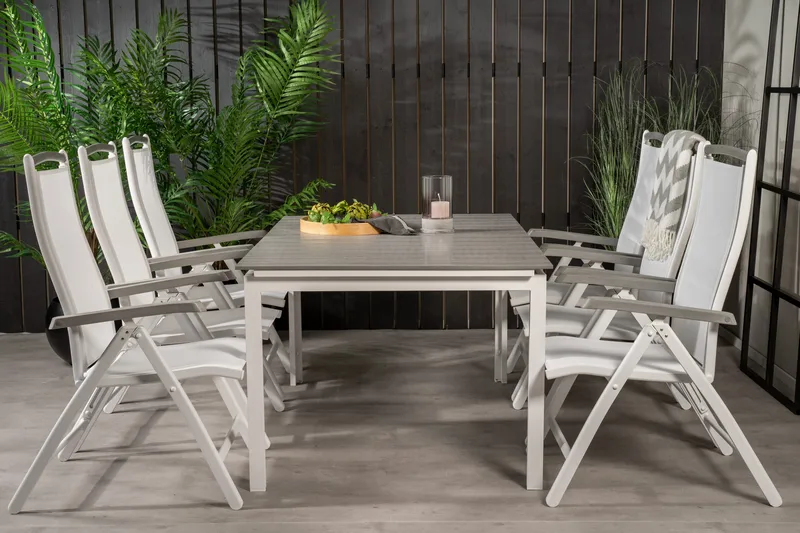 Levels Udvideligt Spisebordssæt 160cm + 6 Albany Stole, Hvid/Grå