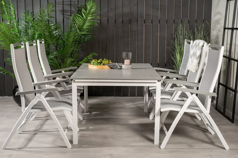 Levels Udvideligt Spisebordssæt 160cm + 6 Albany Stole, Hvid/Grå