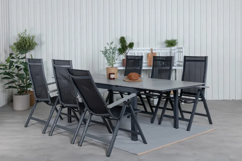 Levels Udvideligt Spisebordssæt 160cm + 6 Albany Stole - Sort/Grå - Havemøbler - Udendørsgruppe - Havesæt