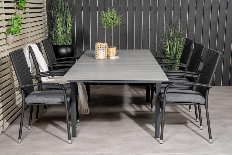 Levels Udvideligt Spisebordssæt 160cm + 6 Anna Stole - Sort/Grå - Havemøbler - Udendørsgruppe - Havesæt