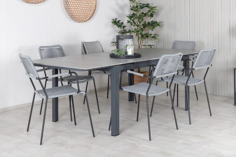 Levels Udvideligt Spisebordssæt 160cm + 6 Lindos Stole - Sort/Natur - Havemøbler - Udendørsgruppe - Havesæt