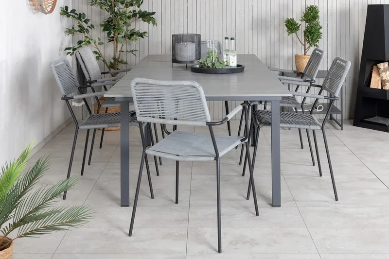 Levels Udvideligt Spisebordssæt 160cm + 6 Lindos Stole - Sort/Natur - Havemøbler - Udendørsgruppe - Havesæt