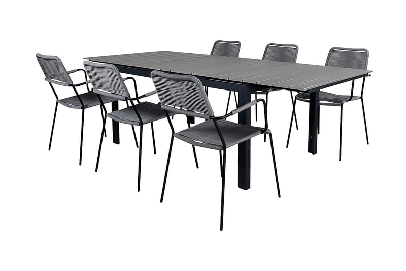 Levels Udvideligt Spisebordssæt 160cm + 6 Lindos Stole - Sort/Natur - Havemøbler - Udendørsgruppe - Havesæt