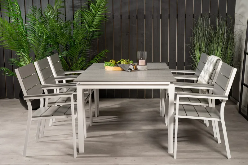 Levels Udvideligt Spisebordssæt 160cm + 6 Stole, Hvid/Grå