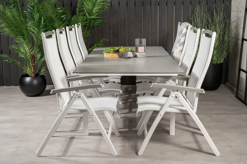 Levels Udvideligt Spisebordssæt 160cm + 8 Albany Stole, Hvid/Grå