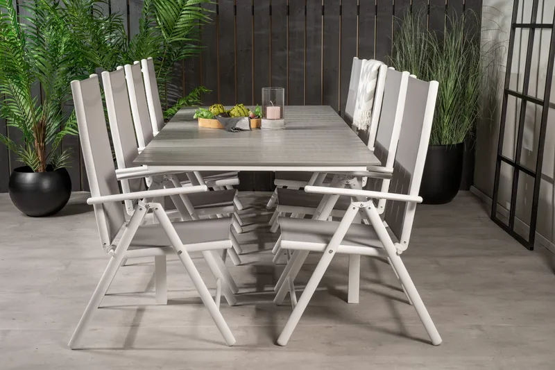 Levels Udvideligt Spisebordssæt 160cm + 8 Break Stole, Hvid/Grå