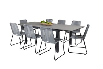 Levels Udvideligt Spisebordssæt 160cm + 8 Lindos Stole - Sort/Grå - Havemøbler - Udendørsgruppe - Havesæt