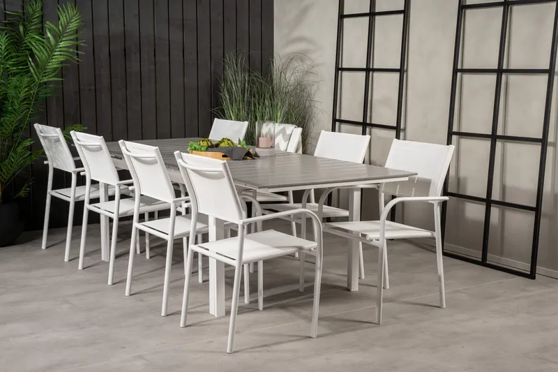 Levels Udvideligt Spisebordssæt 160cm + 8 Santorini Stole, Hvid/Grå