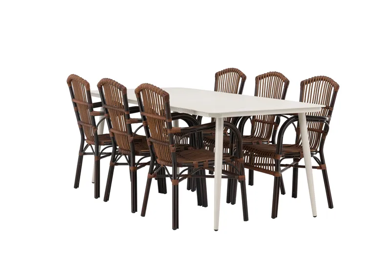 Lina Spisegruppe 120 cm + 6 Galera Armlænsstole, Brun/Hvid