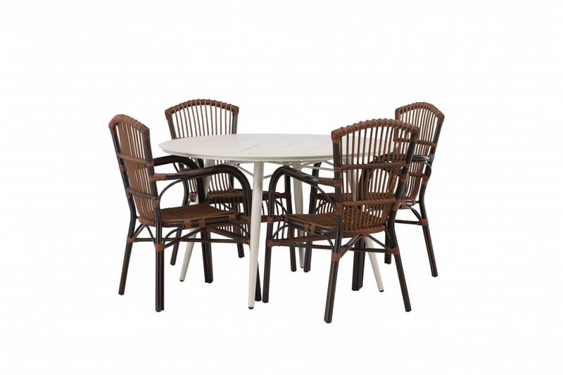 Lina Spisegruppe Rund 120 cm + 4 Galera Armlænsstole - Brun/Hvid - Havemøbler - Udendørsgruppe - Havesæt