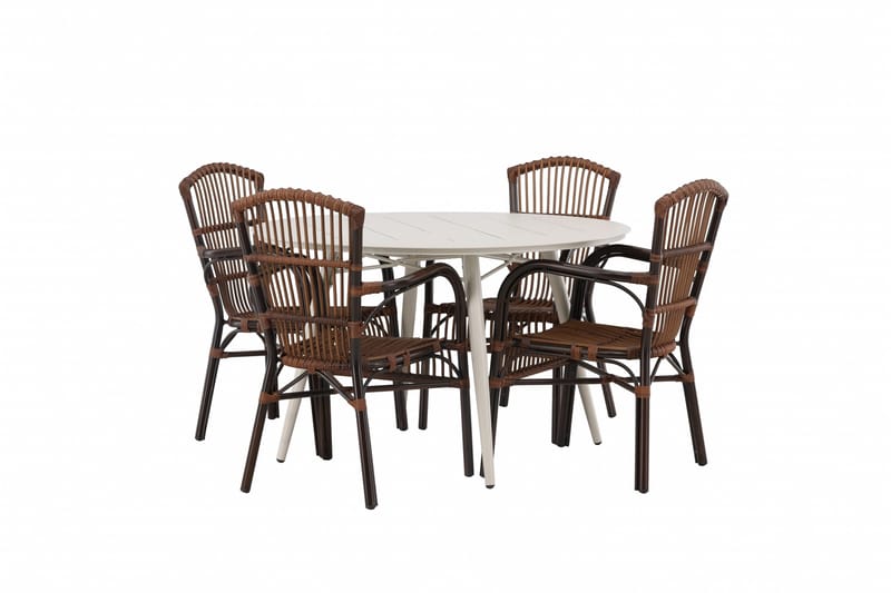 Lina Spisegruppe Rund 120 cm + 4 Galera Armlænsstole, Brun/Hvid