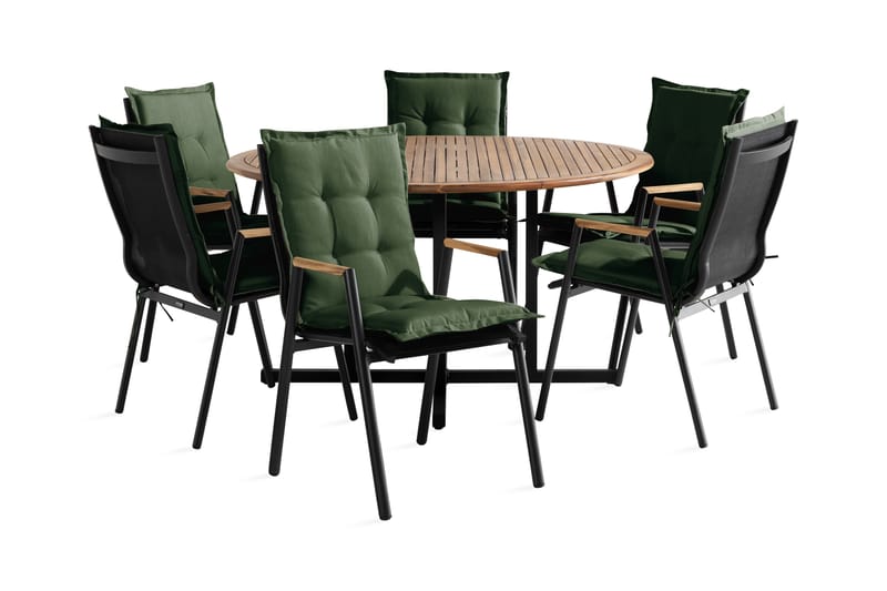 Lines Spisebordssæt + 6 Las Vegas lænestole m hynder - Grøn / sort / teak - Havesæt
