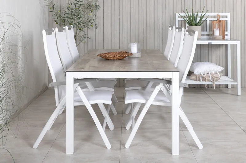 Llama Spisebordssæt 205cm + 6 Albany Positionsstolee, Hvid/Grå