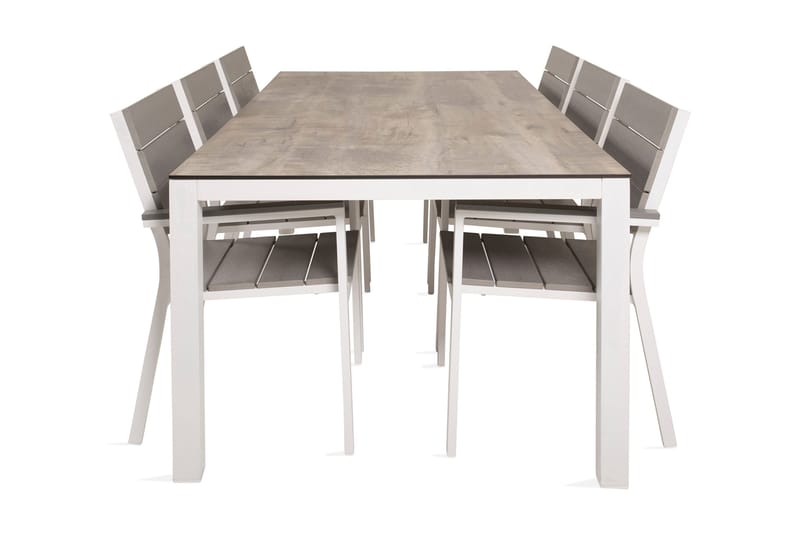 Llama Spisebordssæt 205cm + 6 Levels Stabelbare stole, Hvid/Grå