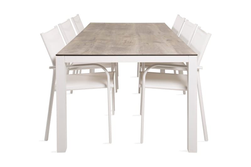 Llama Spisebordssæt 205cm + 6 Santorini Armstole, Hvid/Grå