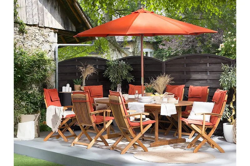 Maui Havemøbler med bord + 8 Stole + Parasol, Træ / natur