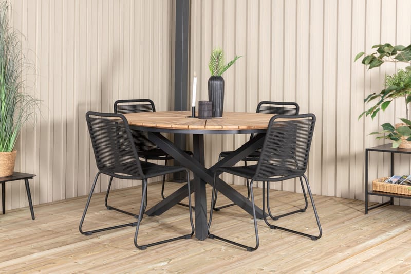 Mexico Spisebordssæt Ø140cm + 4 Lindos Stole - Sort/Gul - Havemøbler - Udendørsgruppe - Havesæt