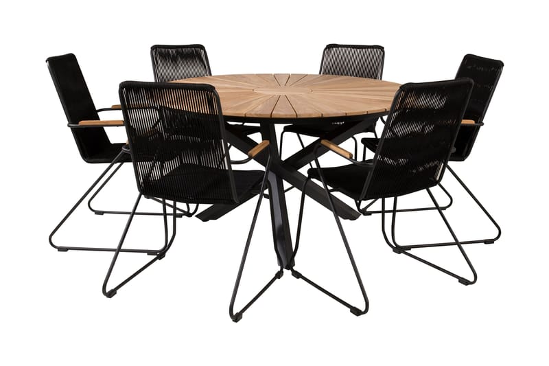 Mexico Spisebordssæt Ø140cm + 6 Bois Armstole, Sort/Natur