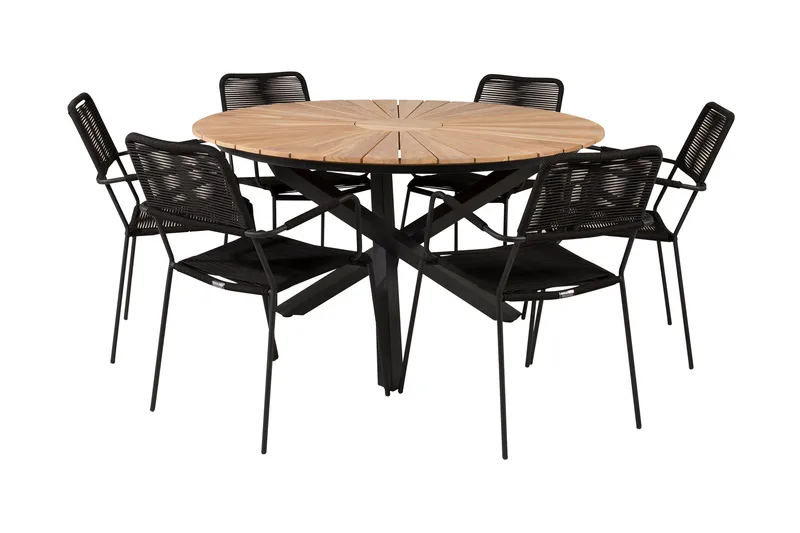 Mexico Spisebordssæt Ø140cm + 6 Lindos Armstole, Sort