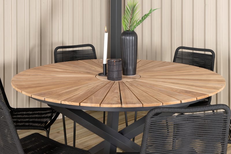 Mexico Spisebordssæt Ø140cm + 6 Lindos Stabelbare stole Sort - Venture Home - Havesæt