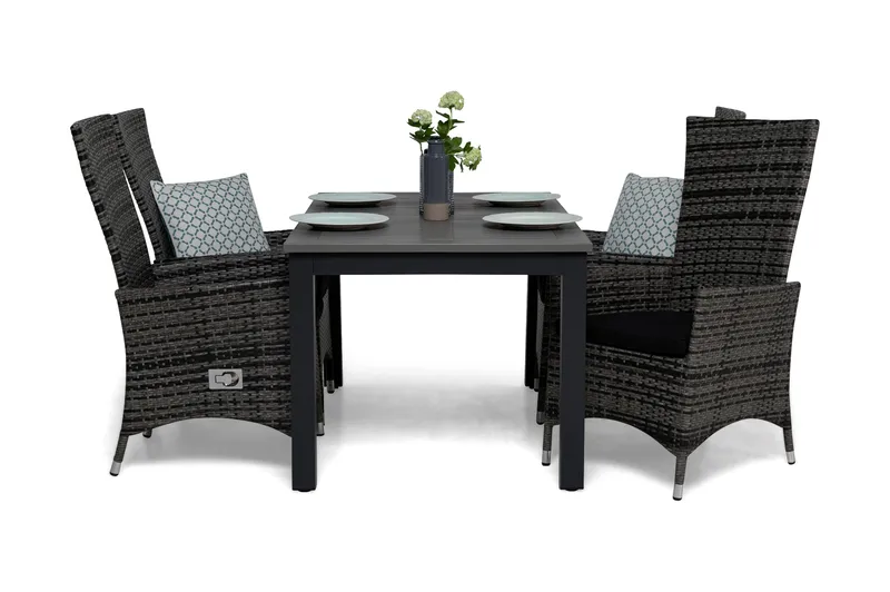 Monaco Havesæt 152-210 + 4 Jenny Justerbar Lænestole m Hynde, Grå/Sort