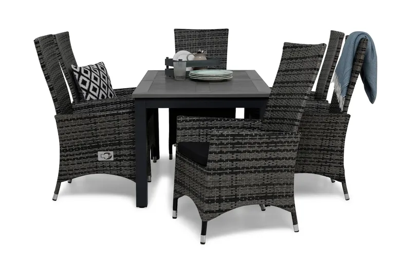 Monaco Havesæt 152-210 + 6 Jenny Justerbar Lænestole m Hynde, Grå/Sort