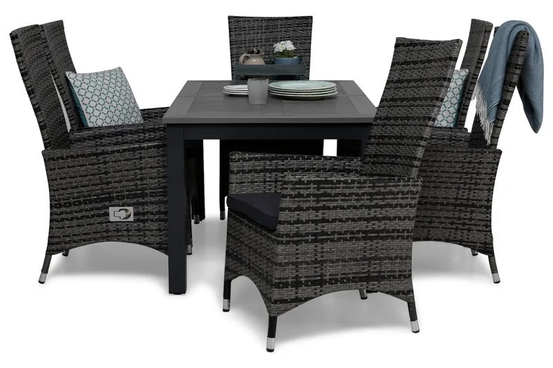 Monaco Havesæt 152-210 + 6 Jenny Justerbar Lænestole m Hynde - Sort/Grå - Havemøbler - Udendørsgruppe - Havesæt