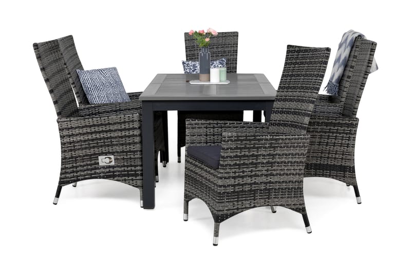 Monaco Havesæt 152-210 + 6 Jenny Justerbar Lænestole m Hynde, Sort/Grå