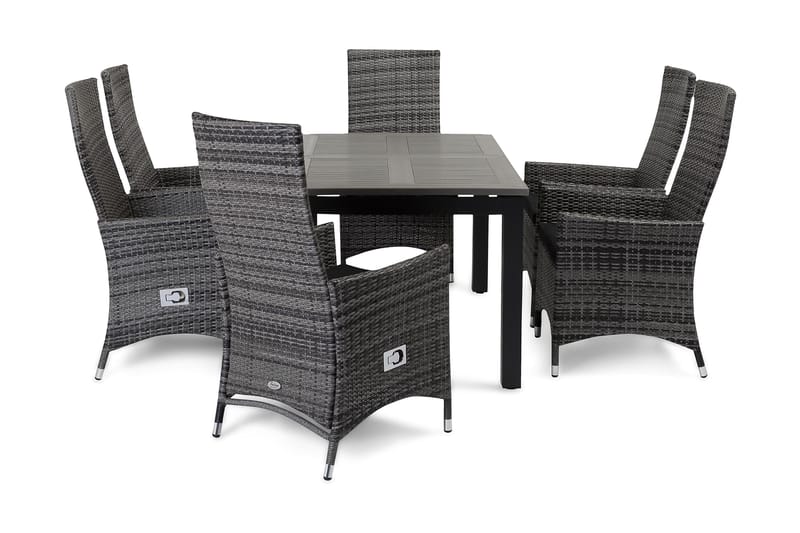Monaco Havesæt 152-210 + 6 Jenny Justerbar Lænestole, Sort/Grå
