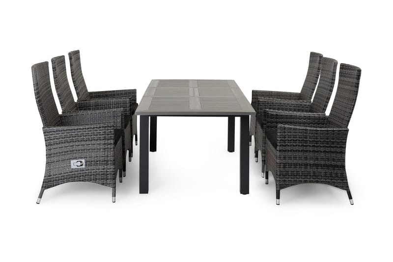 Monaco Havesæt 152-210 + 6 Jenny Justerbar Lænestole - Sort/Grå - Havemøbler - Udendørsgruppe - Havesæt