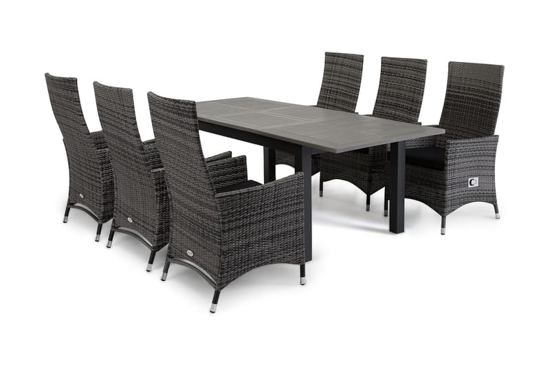 Monaco Havesæt 152-210 + 6 Jenny Justerbar Lænestole - Sort/Grå - Havemøbler - Udendørsgruppe - Havesæt