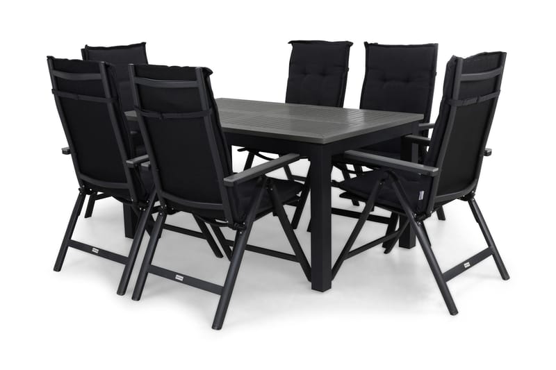 Monaco Havesæt 152-210 + 6 Maggie Positionsstole m Hynde, Sort/Sort/Grå/Grå