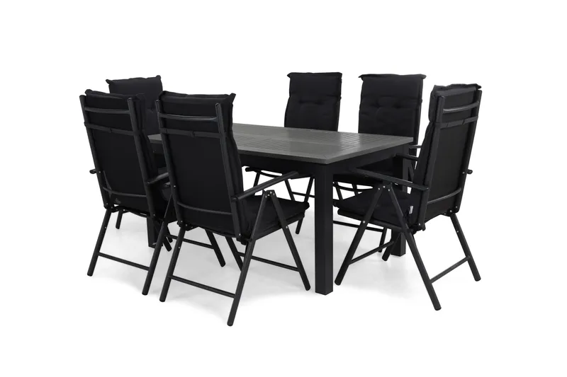 Monaco Havesæt 152-210 + 6 Maggie Positionsstole m Hynde, Sort/Sort/Grå