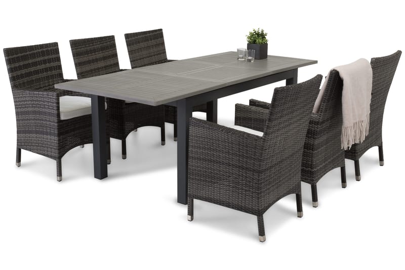 Monaco Havesæt 152-210 + 6 Thor Lænestole - Sort/Grå - Havemøbler - Udendørsgruppe - Havesæt
