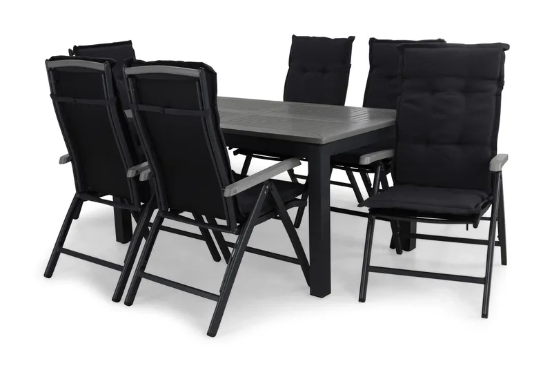 Monaco Havesæt 152-210 + 6 Positionsstole Lyx m Hynde, Sort/Sort/Grå