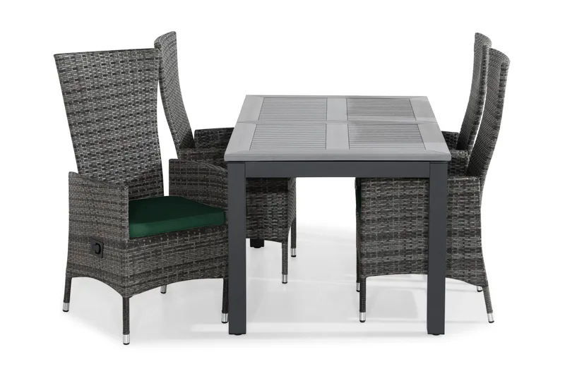 Monaco Havesæt 152-210x90 + 4 Jenny Justerbar Lænestol m. Hy, Sort/Grå/Grøn