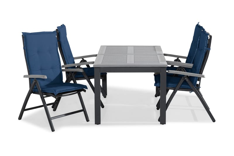 Monaco Havesæt 152-210x90 + 4 Monaco Positionsstol m. Hynde, Sort/Grå/Blå