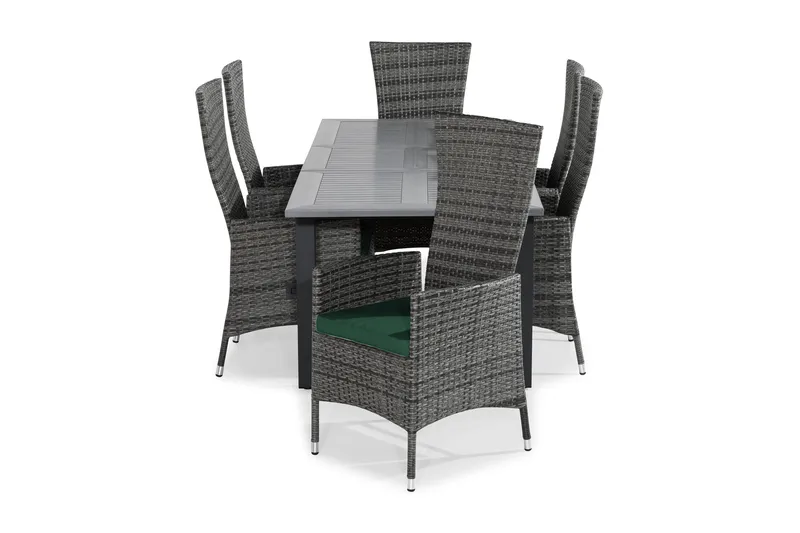 Monaco Havesæt 152-210x90 + 6 Jenny Justerbar Lænestol m. Hy, Sort/Grå/Grøn