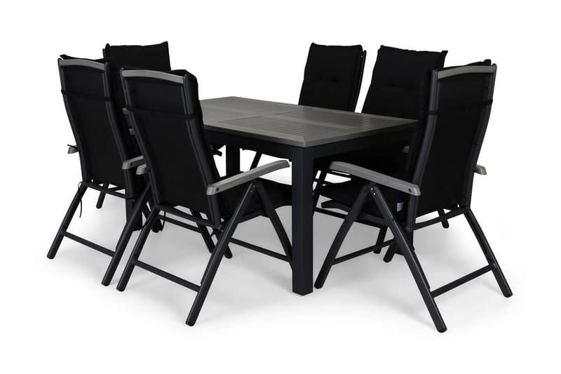 Monaco Havesæt 152-210x90 + 6 Monaco Positionsstol m. Hynde, Sort/Grå