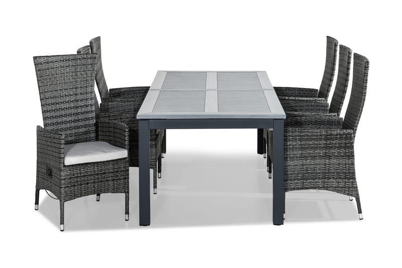 Monaco Havesæt 220-280x100 + 6 Jenny Lænestol Justerbar m Hy - Sort/Grå/Offwhite - Havemøbler - Udendørsgruppe - Havesæt