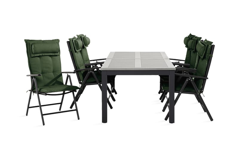 Monaco spisebordssæt 100x220-280 + 6 Maggie stole med hynder - Sort / Grøn - Havesæt