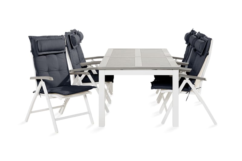 Monaco Spisebordssæt 100x220-280 + 6 position Stole med hynd - Hvid / grå - Havesæt
