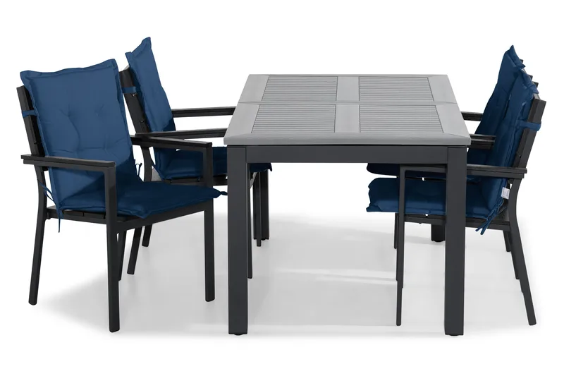 Monaco Spisebordssæt 152-210x90 + 4 Tunis Stabelstol m. Hynd - Sort/Blå - Havemøbler - Udendørsgruppe - Havesæt