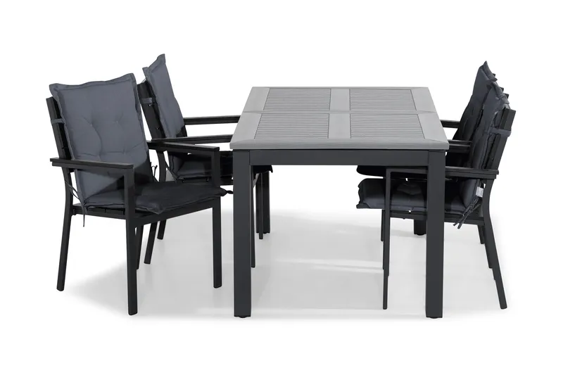 Monaco Spisebordssæt 152-210x90 + 4 Tunis Stabelstol m. Hynd - Sort/Grå - Havemøbler - Udendørsgruppe - Havesæt