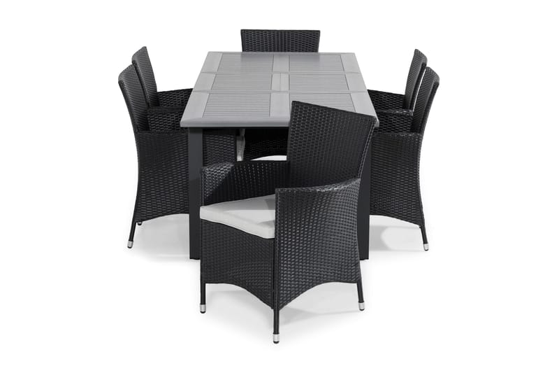 Monaco Spisebordssæt 152-210x90 + 6 Thor Lænestol m hynder, Grå / Sort